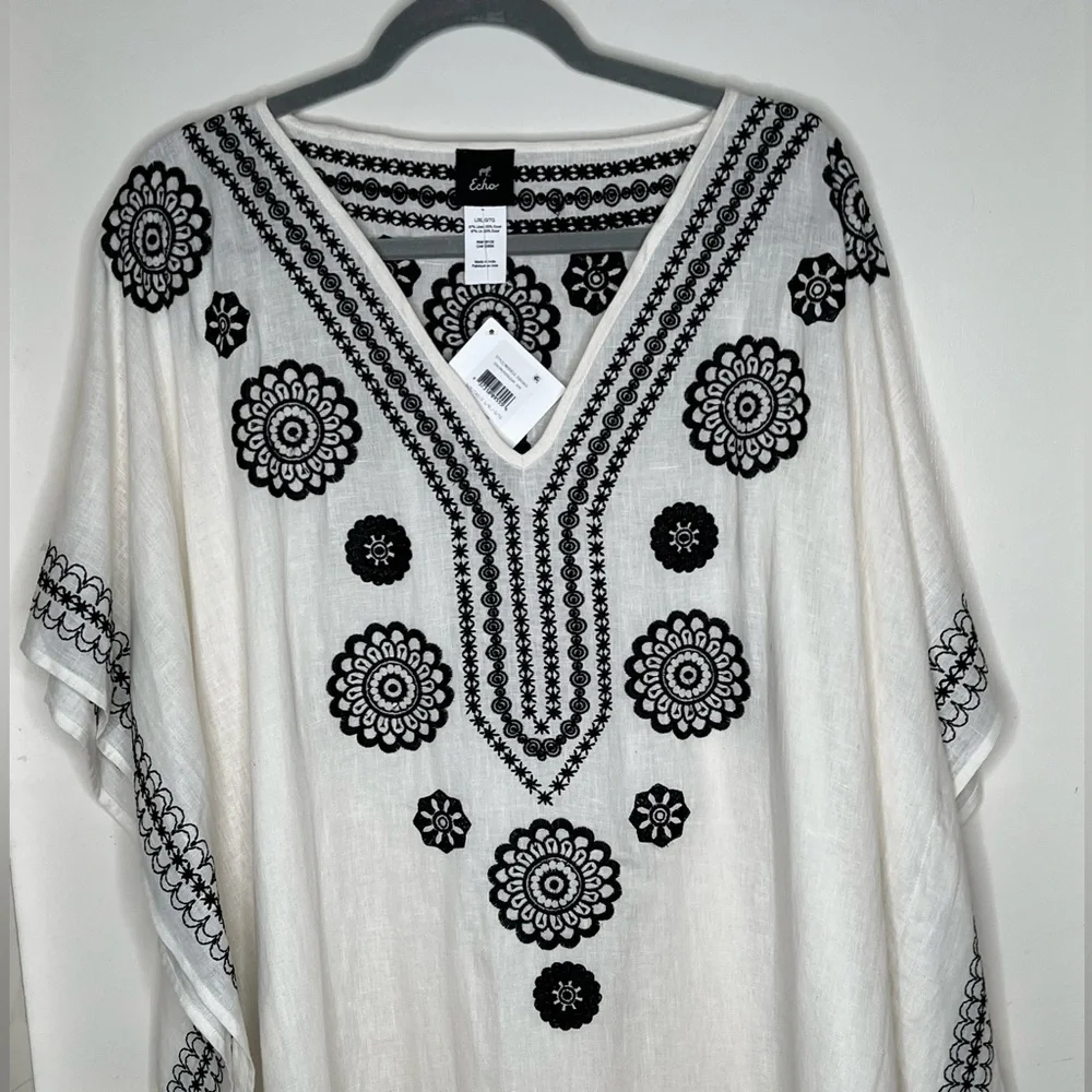 Echo Cream Linen Blend Amalfi Caftan W/Black Embroidery, Sz XL, NWT - Picture 2 of 8